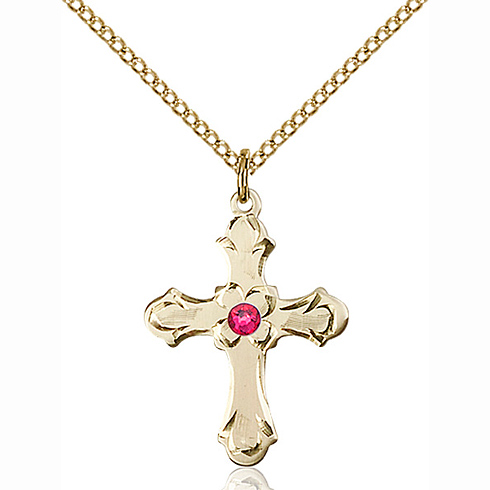 Gold Filled 7/8in Floral Cross Pendant with 3mm Ruby Bead & 18in Chain