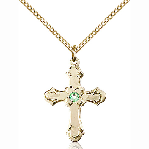 Gold Filled 7/8in Floral Cross Peridot Bead Pendant & 18in Chain
