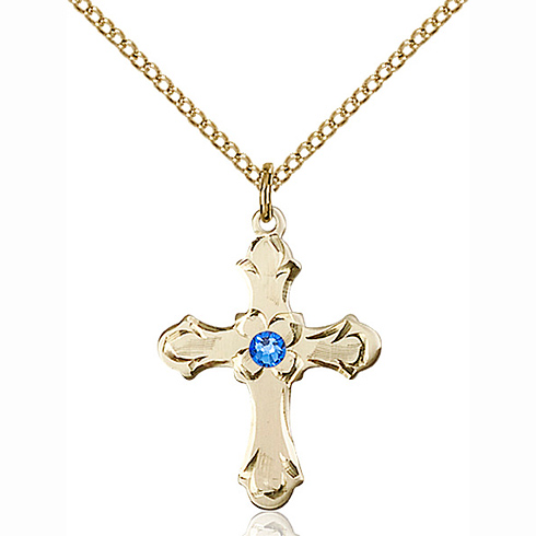 Gold Filled 7/8in Floral Cross Sapphire Bead Pendant & 18in Chain