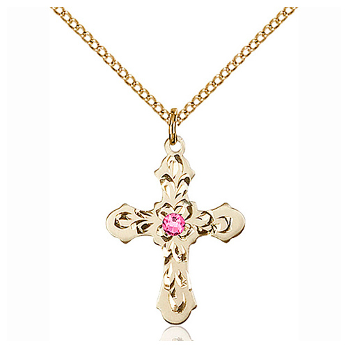 Gold Filled 7/8in Baroque Cross Rose Bead Pendant & 18in Chain