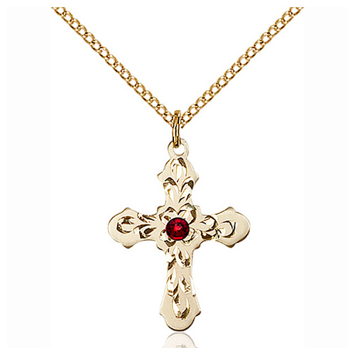 Gold Filled 7/8in Baroque Cross Garnet Bead Pendant & 18in Chain
