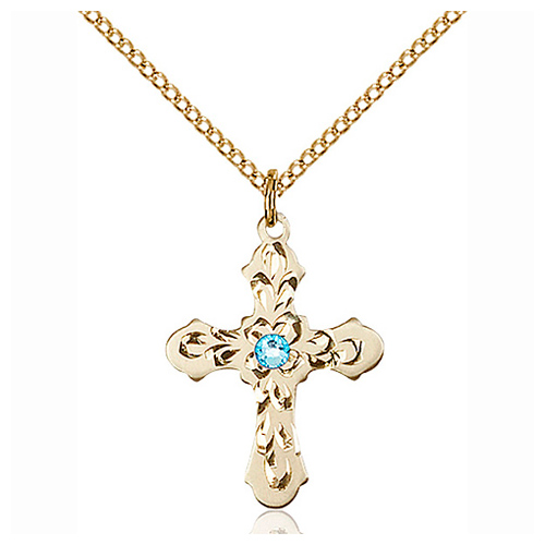 Gold Filled 7/8in Baroque Cross Aqua Bead Pendant & 18in Chain