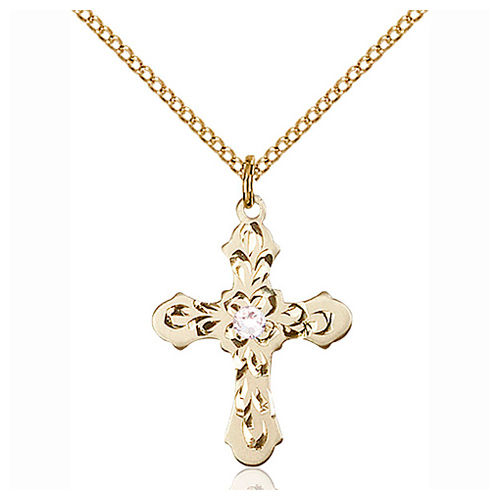 Gold Filled 7/8in Baroque Cross Crystal Bead Pendant & 18in Chain