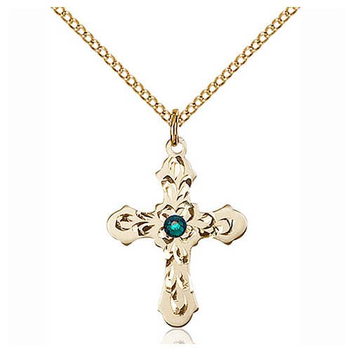 Gold Filled 7/8in Baroque Cross Emerald Bead Pendant & 18in Chain