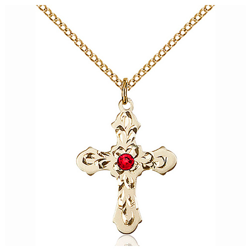 Gold Filled 7/8in Baroque Cross Ruby Bead Pendant & 18in Chain