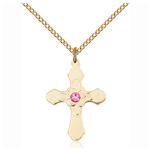 Gold Filled 7/8in Florid Cross Pendant with 3mm Rose Bead & 18in Chain