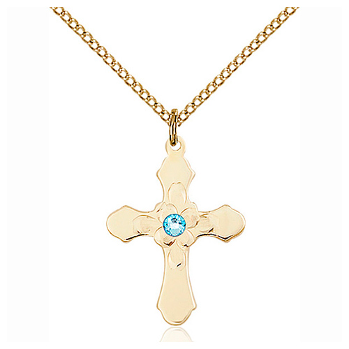 Gold Filled 7/8in Florid Cross Pendant with 3mm Aqua Bead & 18in Chain
