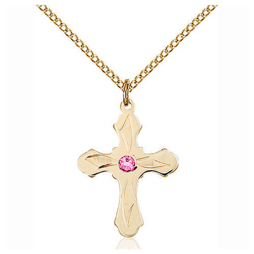 Gold Filled 7/8in Etched Cross Pendant with 3mm Rose Bead & 18in Chain