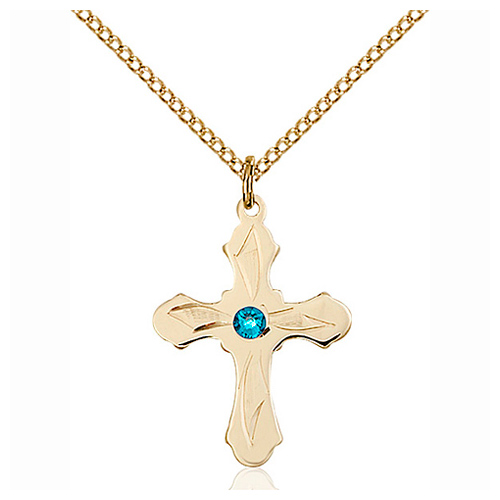 Gold Filled 7/8in Etched Cross Zircon Bead Pendant & 18in Chain