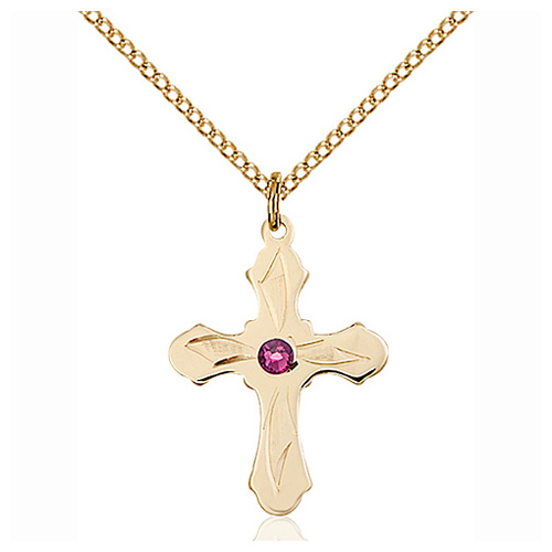 Gold Filled 7/8in Etched Cross Amethyst Bead Pendant & 18in Chain