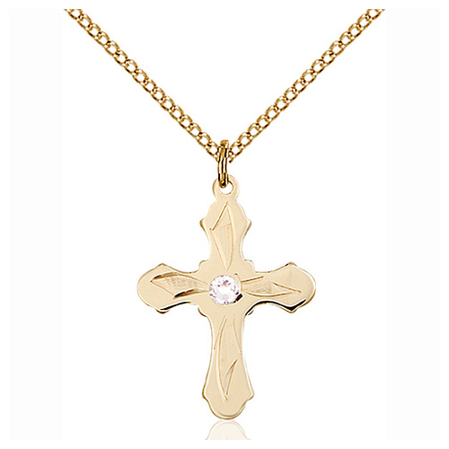 Gold Filled 7/8in Etched Cross Crystal Bead Pendant & 18in Chain