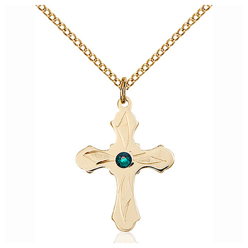 Gold Filled 7/8in Etched Cross Emerald Bead Pendant & 18in Chain