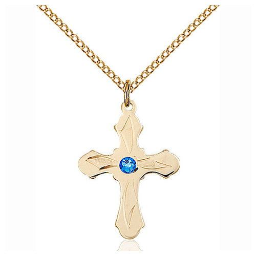 Gold Filled 7/8in Etched Cross Sapphire Bead Pendant & 18in Chain