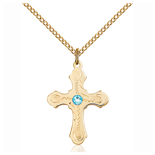 Gold Filled 7/8in Beaded Cross Pendant with 3mm Aqua Bead & 18in Chain