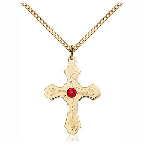 Gold Filled 7/8in Beaded Cross Pendant with 3mm Ruby Bead & 18in Chain ...