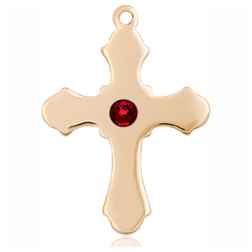 14kt Yellow Gold 7/8in Cross with 3mm Garnet Bead  