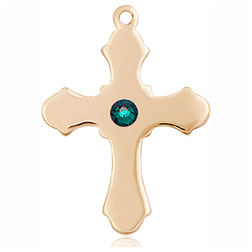 14kt Yellow Gold 7/8in Cross with 3mm Emerald Bead  