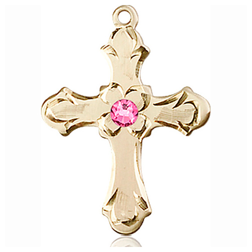 14kt Yellow Gold 7/8in Floral Cross with 3mm Rose Bead  