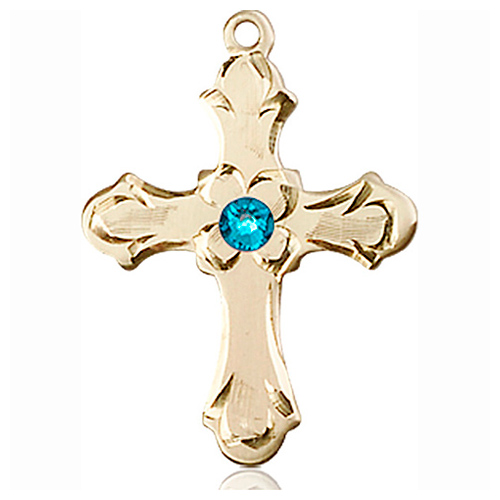 14kt Yellow Gold 7/8in Floral Cross with 3mm Zircon Bead  