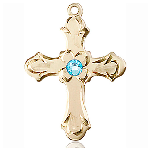 14kt Yellow Gold 7/8in Floral Cross with 3mm Aqua Bead  