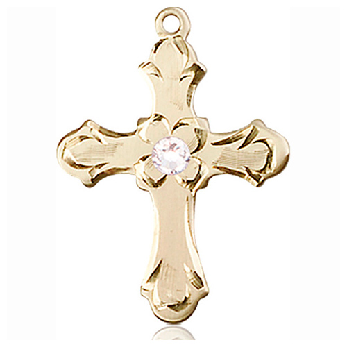 14kt Yellow Gold 7/8in Floral Cross with 3mm Crystal Bead  