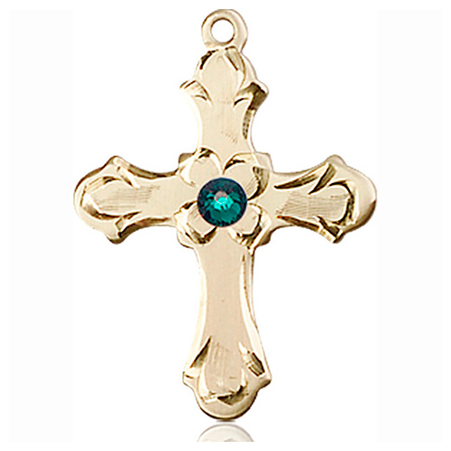 14kt Yellow Gold 7/8in Floral Cross with 3mm Emerald Bead  