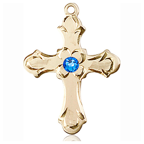 14kt Yellow Gold 7/8in Floral Cross with 3mm Sapphire Bead  