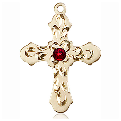 14kt Yellow Gold 7/8in Baroque Cross with 3mm Garnet Bead