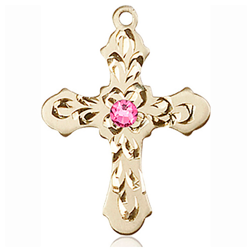 14kt Yellow Gold 7/8in Baroque Cross with 3mm Rose Bead  