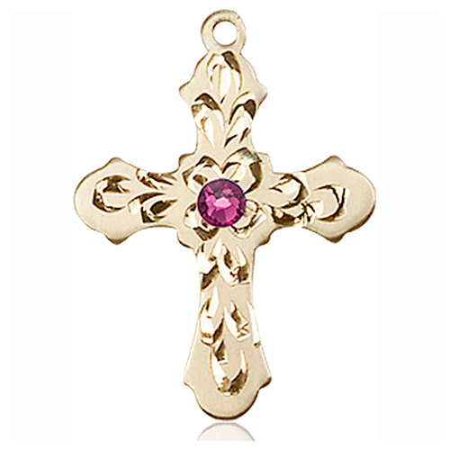 14kt Yellow Gold 7/8in Baroque Cross with 3mm Amethyst Bead  