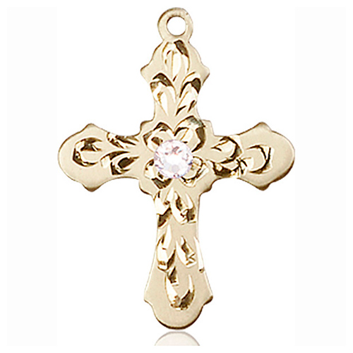 14kt Yellow Gold 7/8in Baroque Cross with 3mm Crystal Bead  