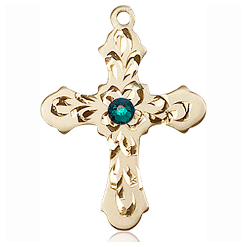 14kt Yellow Gold 7/8in Baroque Cross with 3mm Emerald Bead  