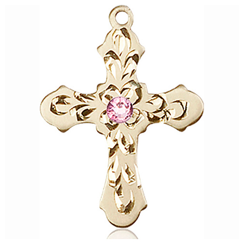 14kt Yellow Gold 7/8in Baroque Cross with 3mm Light Amethyst Bead  