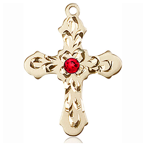 14kt Yellow Gold 7/8in Baroque Cross with 3mm Ruby Bead  