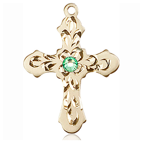 14kt Yellow Gold 7/8in Baroque Cross with 3mm Peridot Bead  