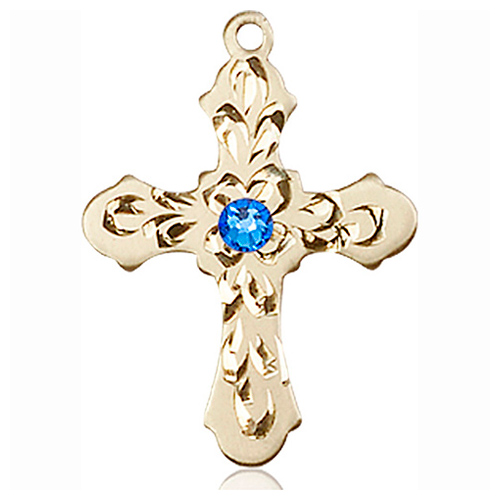 14kt Yellow Gold 7/8in Baroque Cross with 3mm Sapphire Bead  