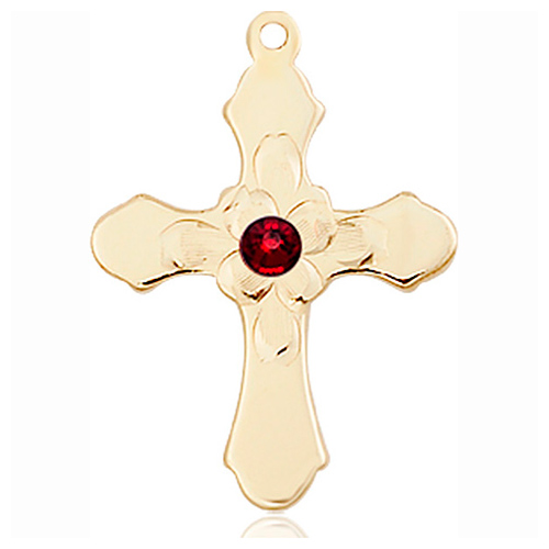 14kt Yellow Gold 7/8in Florid Cross with 3mm Garnet Bead  