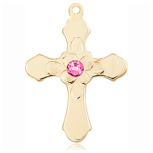14kt Yellow Gold 7/8in Florid Cross with 3mm Rose Bead  