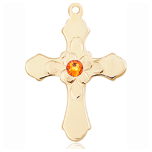 14kt Yellow Gold 7/8in Florid Cross with 3mm Topaz Bead  