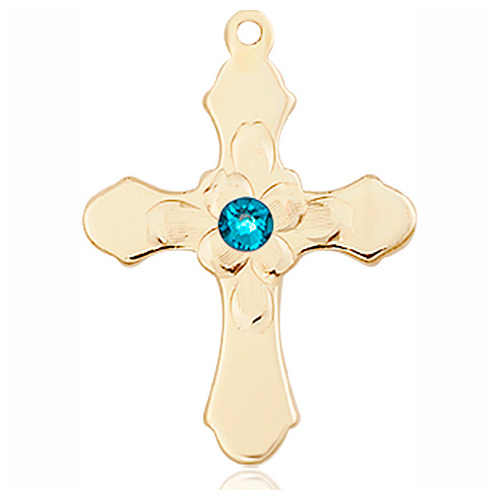 14kt Yellow Gold 7/8in Florid Cross with 3mm Zircon Bead  