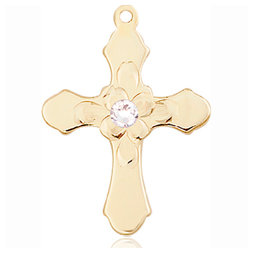 14kt Yellow Gold 7/8in Florid Cross with 3mm Crystal Bead  