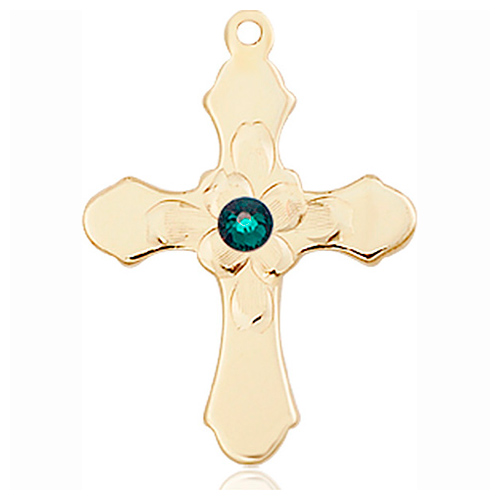 14kt Yellow Gold 7/8in Florid Cross with 3mm Emerald Bead  