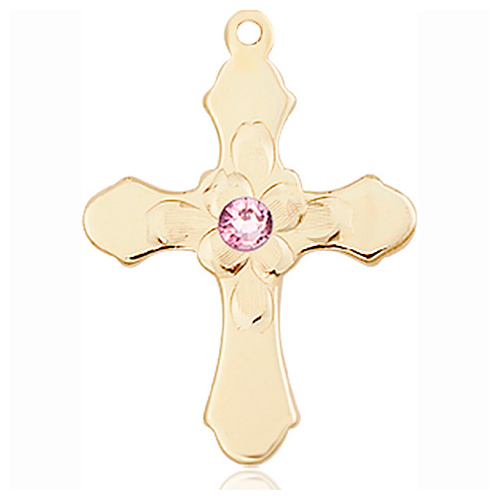 14kt Yellow Gold 7/8in Florid Cross with 3mm Light Amethyst Bead  
