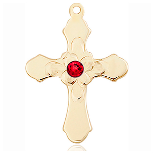 14kt Yellow Gold 7/8in Florid Cross with 3mm Ruby Bead  