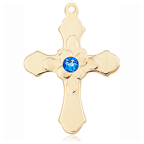 14kt Yellow Gold 7/8in Florid Cross with 3mm Sapphire Bead  