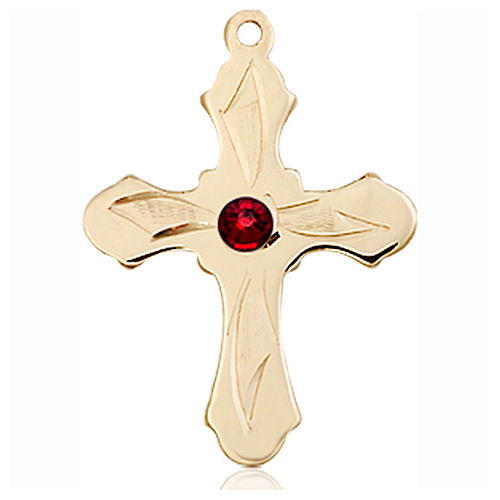 14kt Yellow Gold 7/8in Etched Cross with 3mm Garnet Bead  