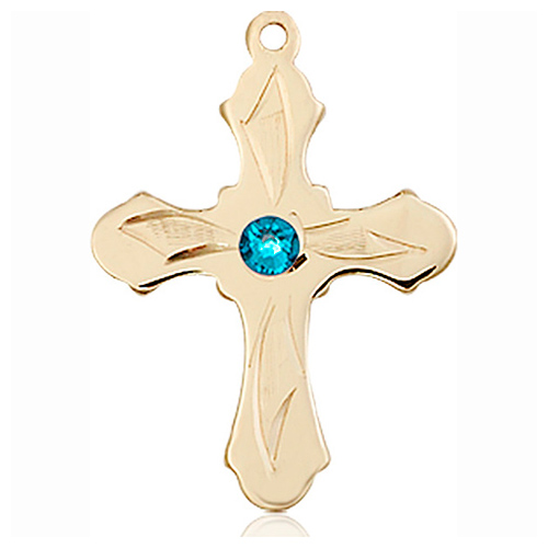 14kt Yellow Gold 7/8in Etched Cross with 3mm Zircon Bead  
