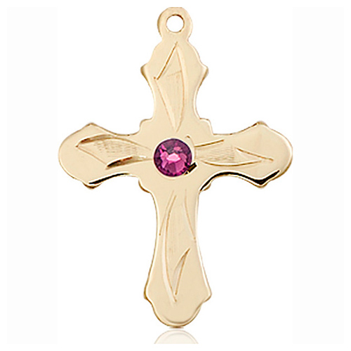 14kt Yellow Gold 7/8in Etched Cross with 3mm Amethyst Bead  