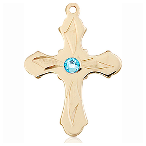 14kt Yellow Gold 7/8in Etched Cross with 3mm Aqua Bead  