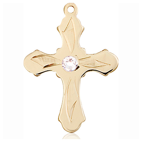 14kt Yellow Gold 7/8in Etched Cross with 3mm Crystal Bead  